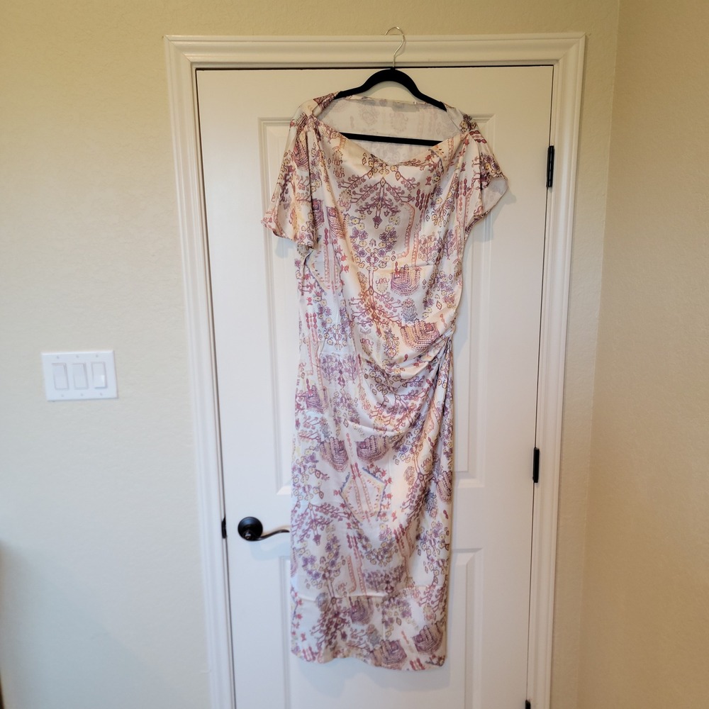 Nice To Meet You Women XL Paisley Floral Cowl Neck Ruched Midi Dress Cream